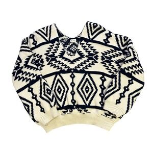 POL Sweater Cream Navy Aztec Geometric Print‎ V Neck Women's Size S